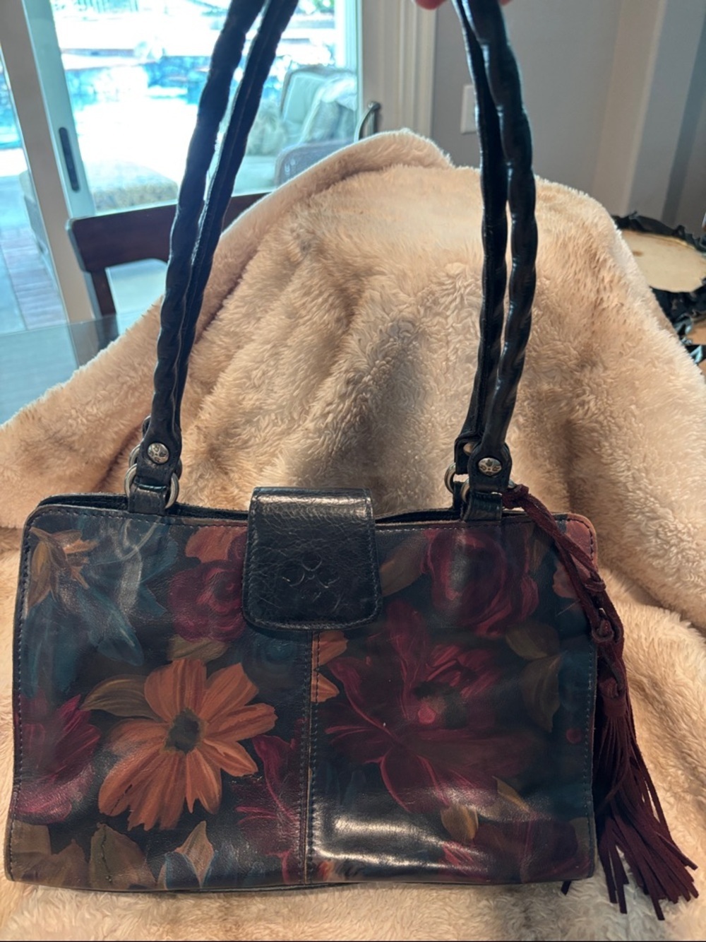 Patricia Nash Black Floral Leather Shoulder Bag with Burgundy Tassel